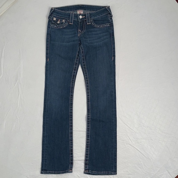 True Religion medium wash rose stitch straight jeans with crystal back pockets - Picture 3 of 16